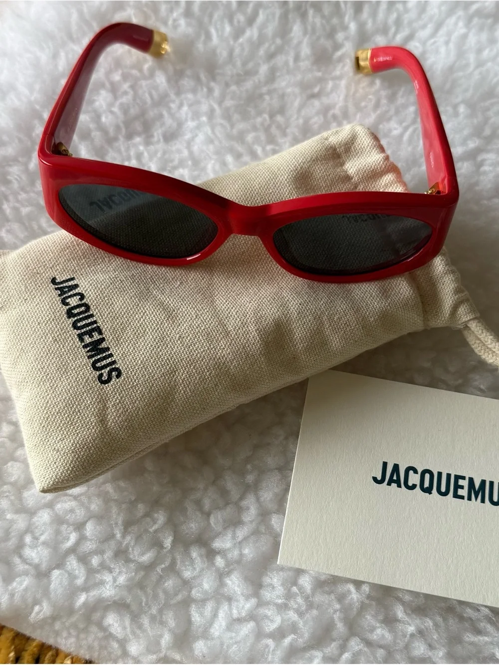 Jacquemus Bright Red Oval Sunglasses with Gold Accents